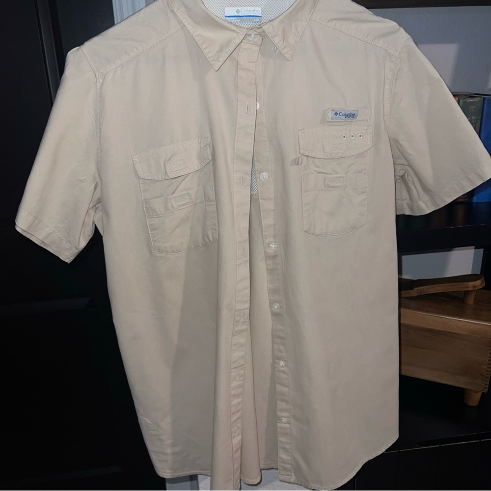 Columbia PFG Short Sleeve | Button-Down Shirt UPF 30+ Fishing | Beige Size Large